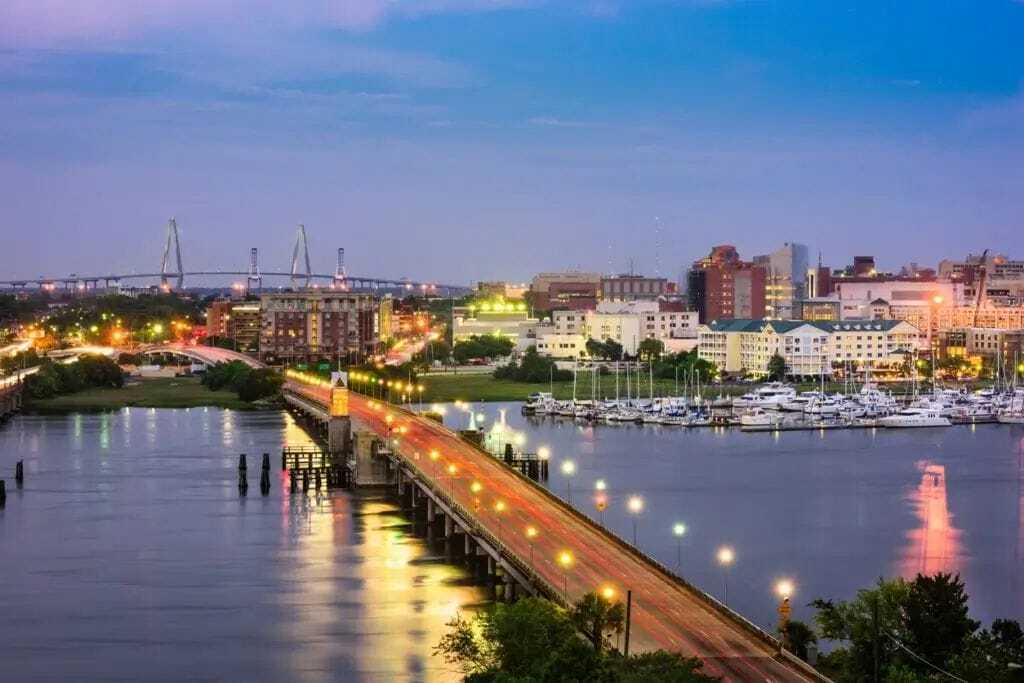 Charleston South Carolina city skyline aerial view