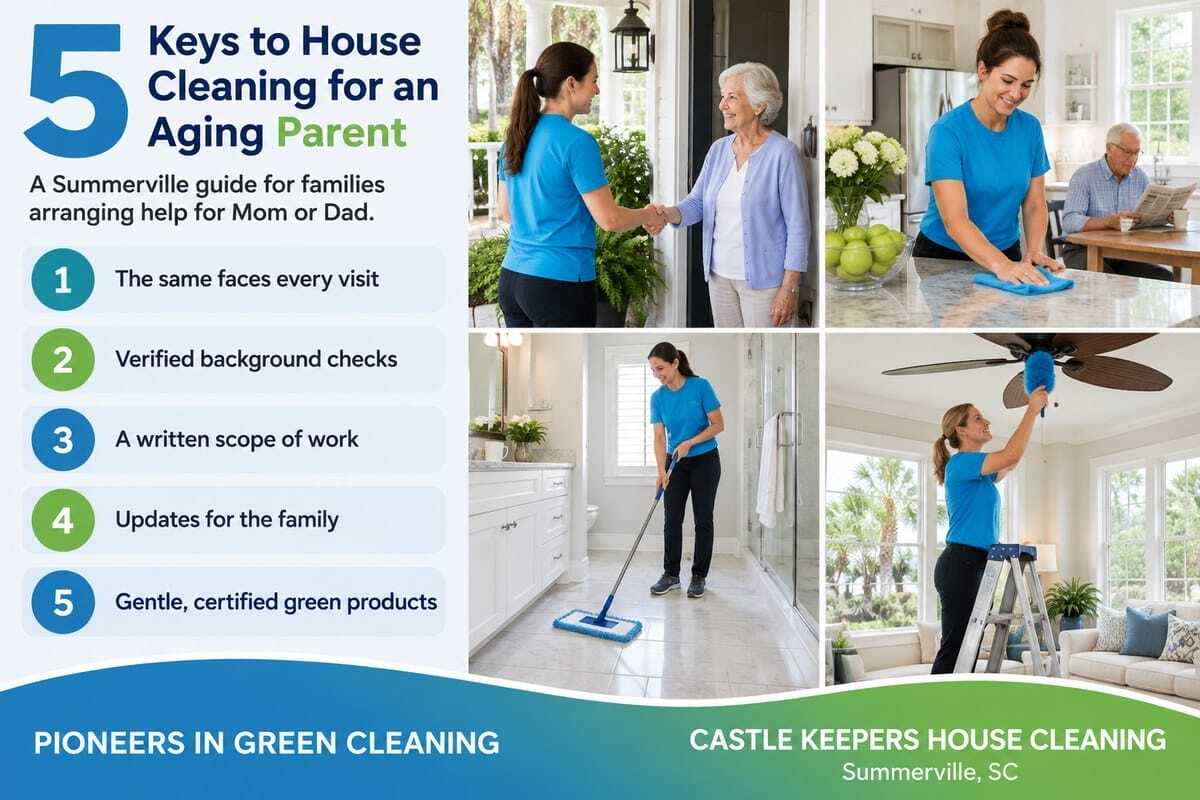 Castle Keepers cleaner greeting an older woman at her Summerville, SC home